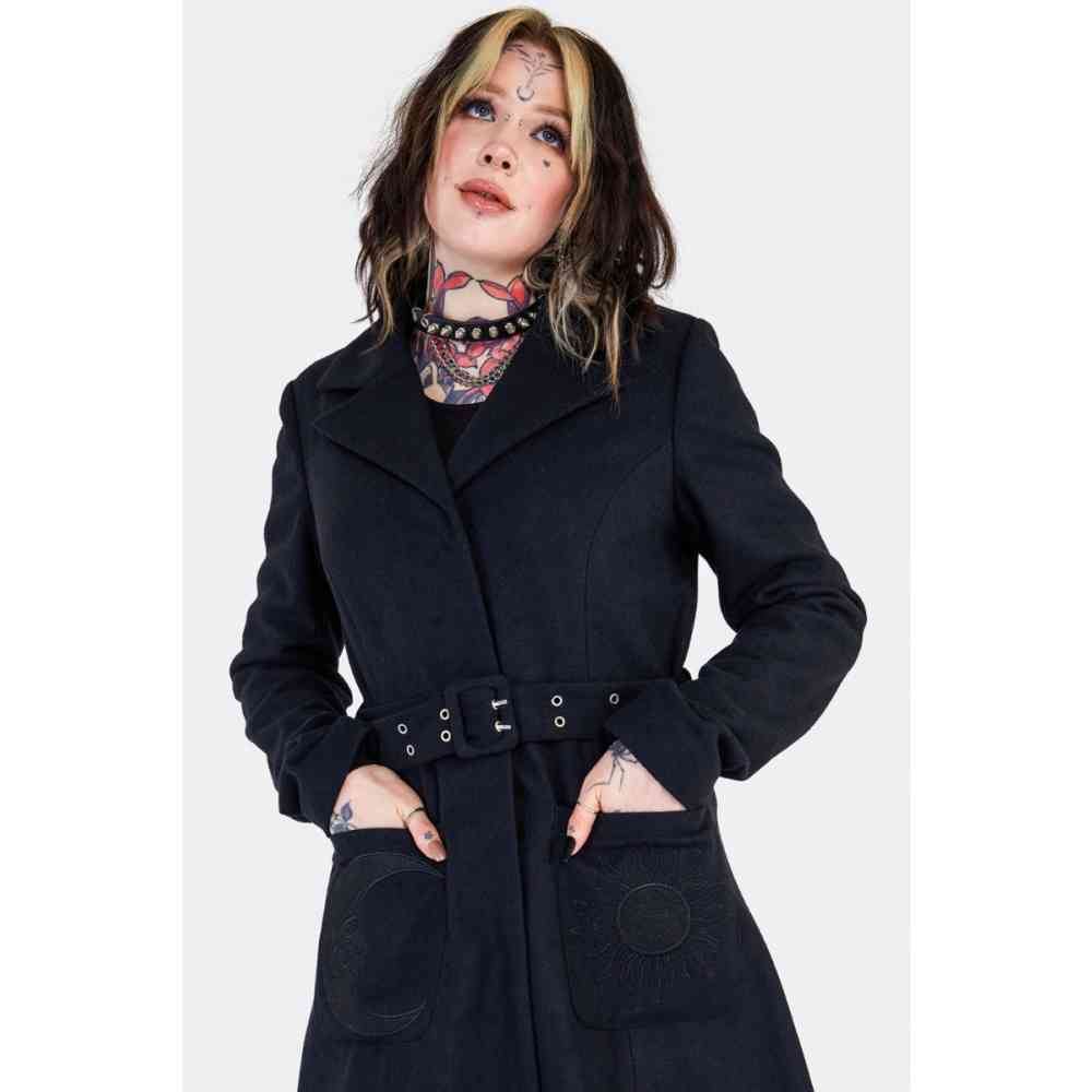 Jawbreaker - Sun And Moon Embroidered Belted Coat - Black
